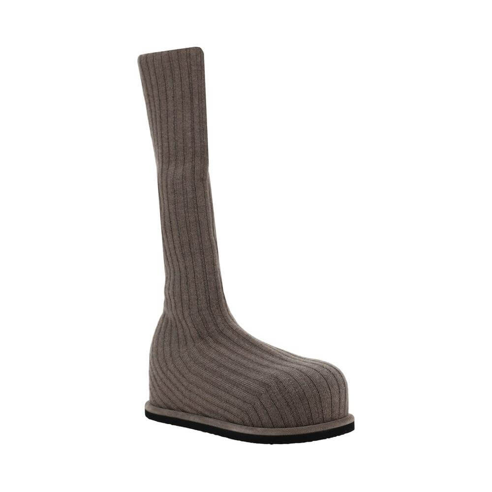 Amina Muaddi Veneda Wool Boots with ribbed sock design and flat sole in slip-on style, featuring a round toe.