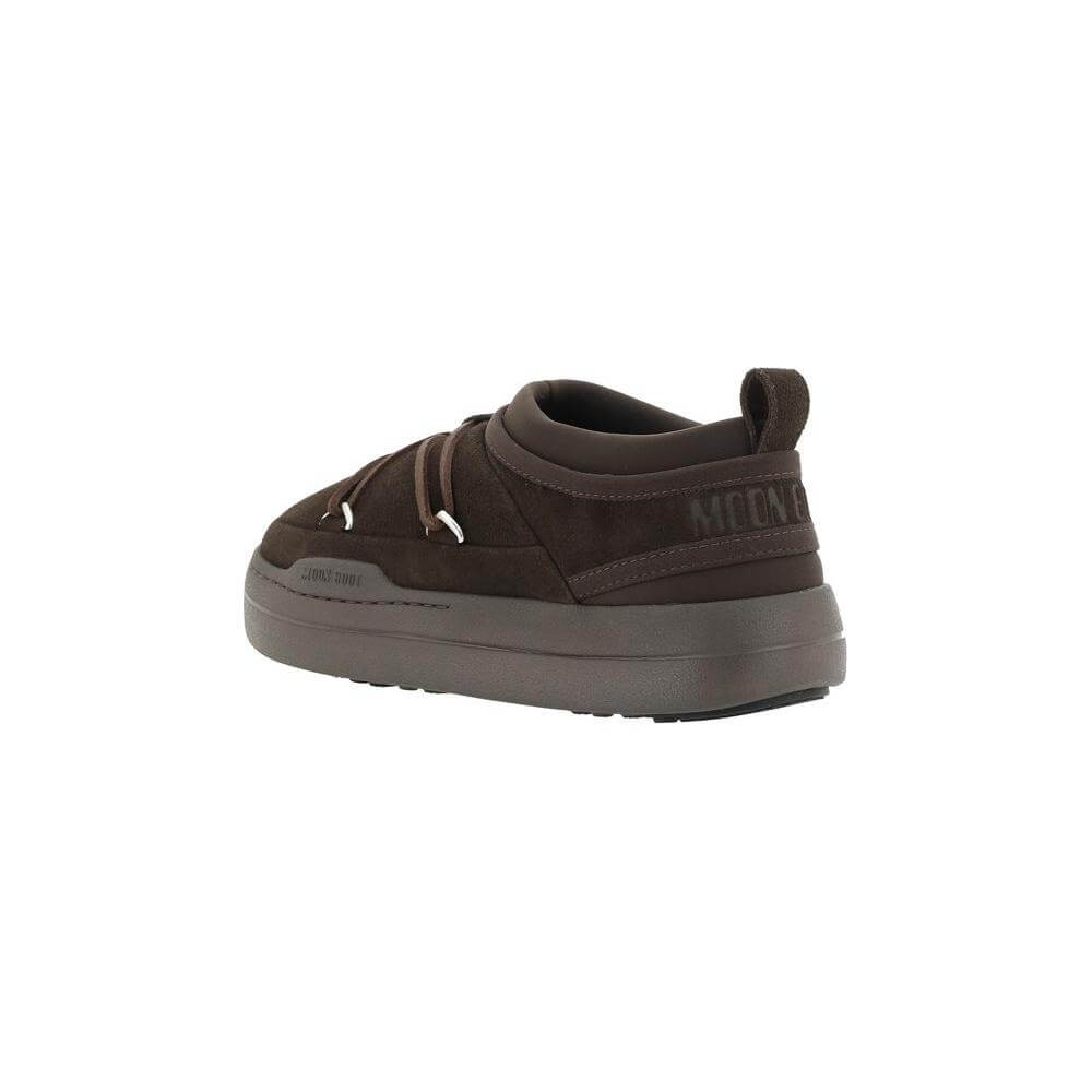 Moon Boot Park Sneakers in suede leather with monogram, dark brown color, side view showcasing platform sole and lace-up closure.
