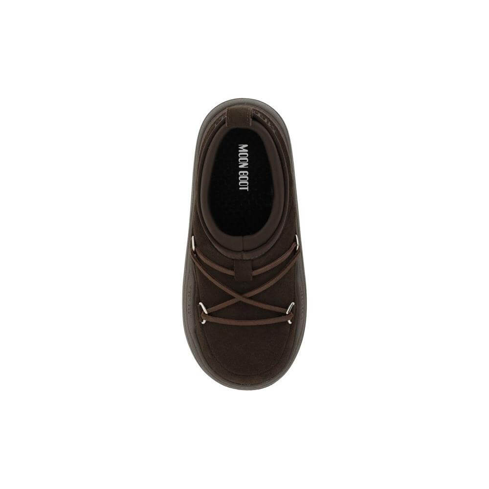Top view of Moon Boot Park Sneakers in suede leather with classic padding and monogram at heel, featuring front laces and round toe.