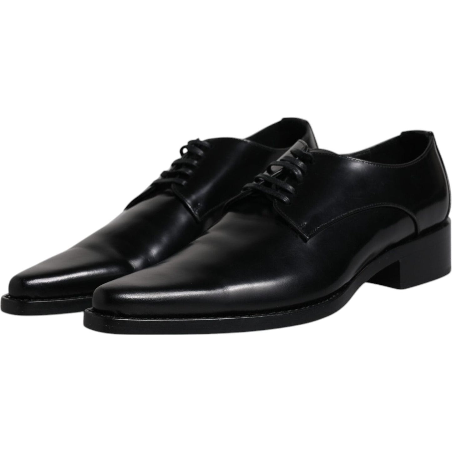 Dolce & Gabbana black patent leather men's derby dress shoes, lace-up with logo details, crafted in Italy.