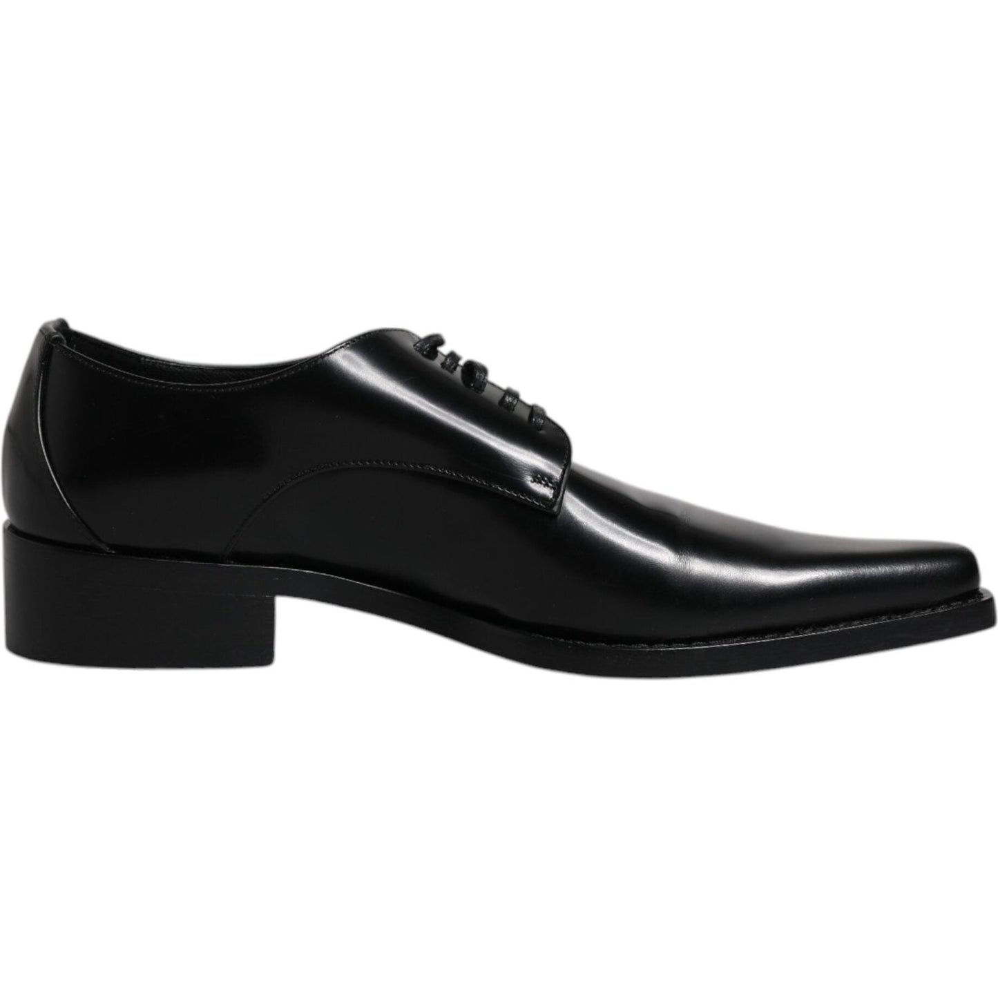 Dolce & Gabbana black patent leather derby men's dress shoes, 100% calf leather, Italian craftsmanship, lace-up with minor scratches.