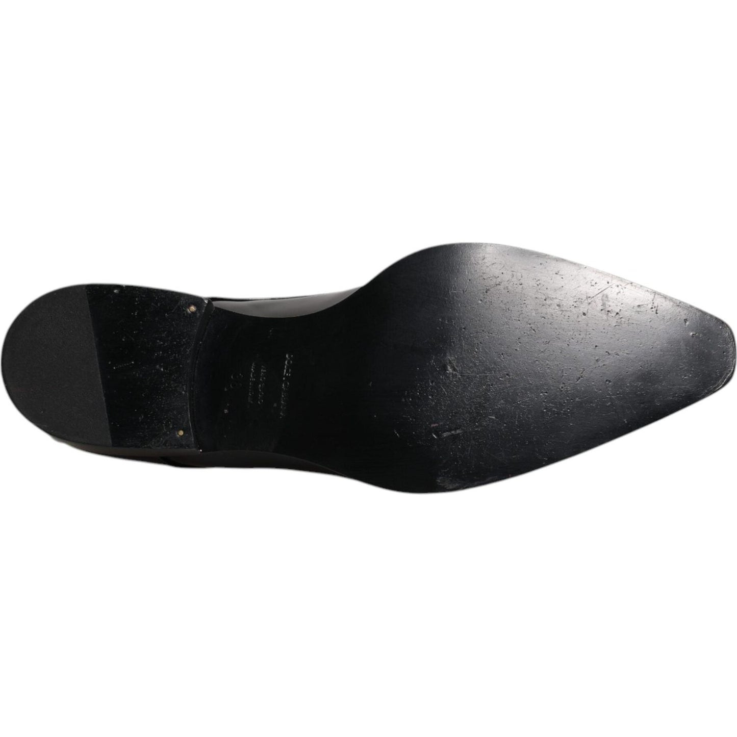 Sole of Dolce & Gabbana Black Patent Leather Derby Men's Dress Shoe with minor scratches, calf leather, made in Italy.