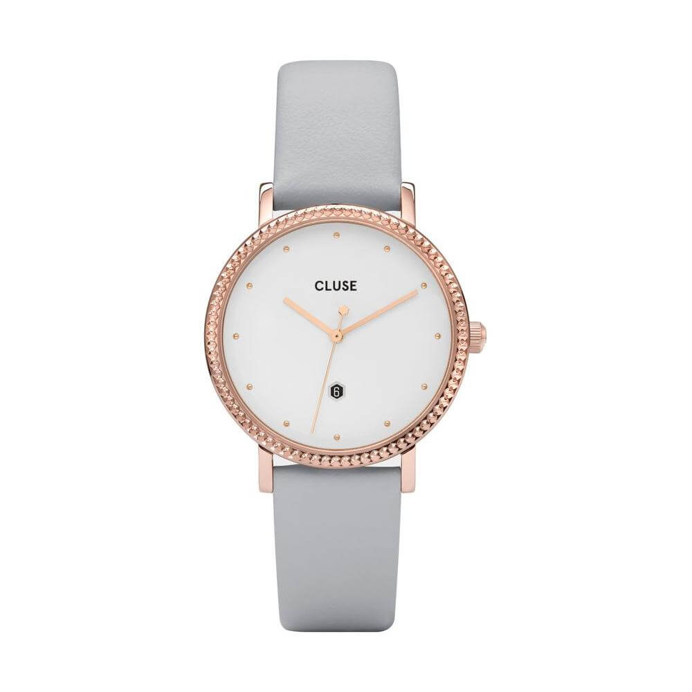Cluse gray leather watch with white dial, pink stainless steel case, quartz mechanism, and mineral glass, water-resistant to 3 ATM.