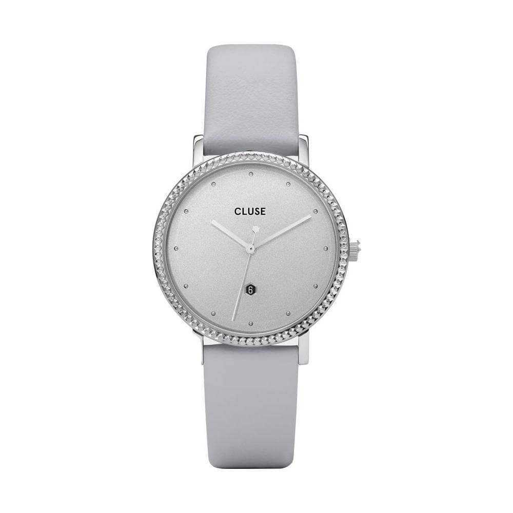 Cluse gray leather watch with quartz mechanism, analog display, silver stainless steel case, and 33mm mineral glass dial.