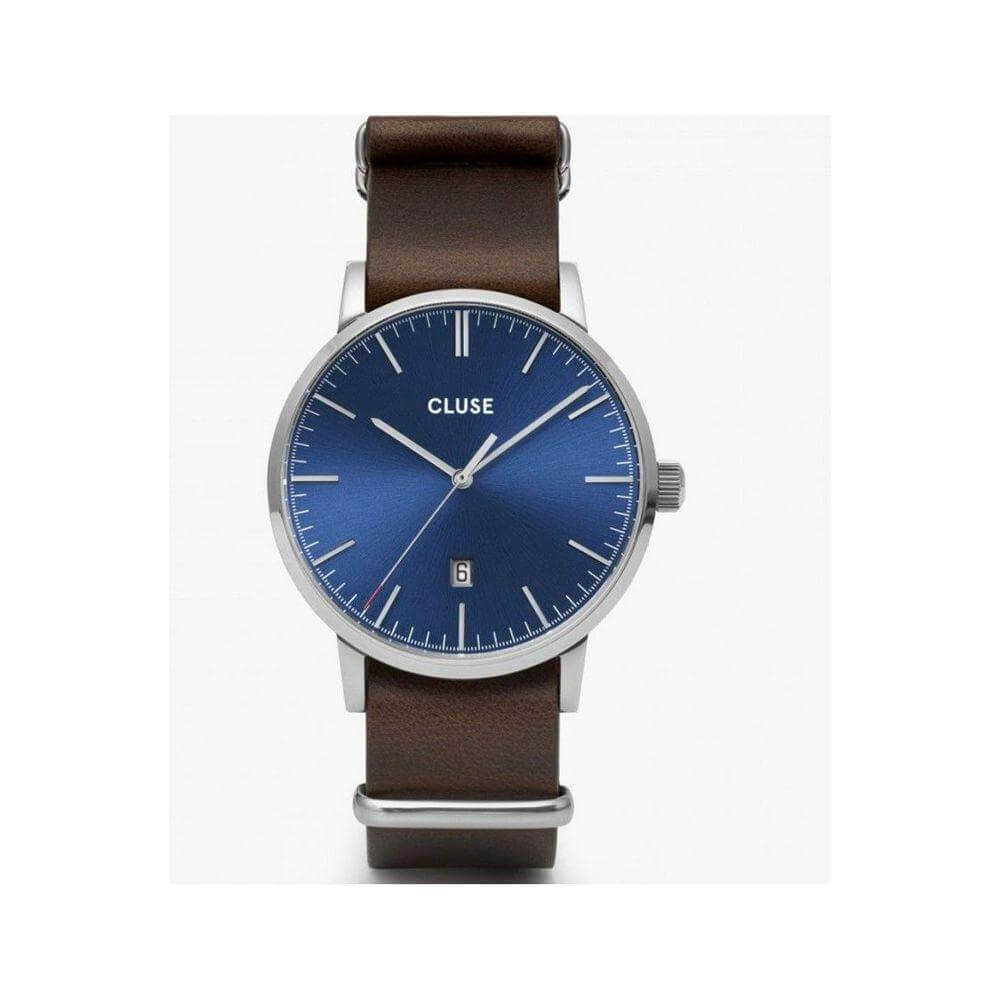 Cluse brown leather watch with blue analog dial, silver stainless steel case, quartz mechanism, mineral glass, and 3 ATM water resistance.