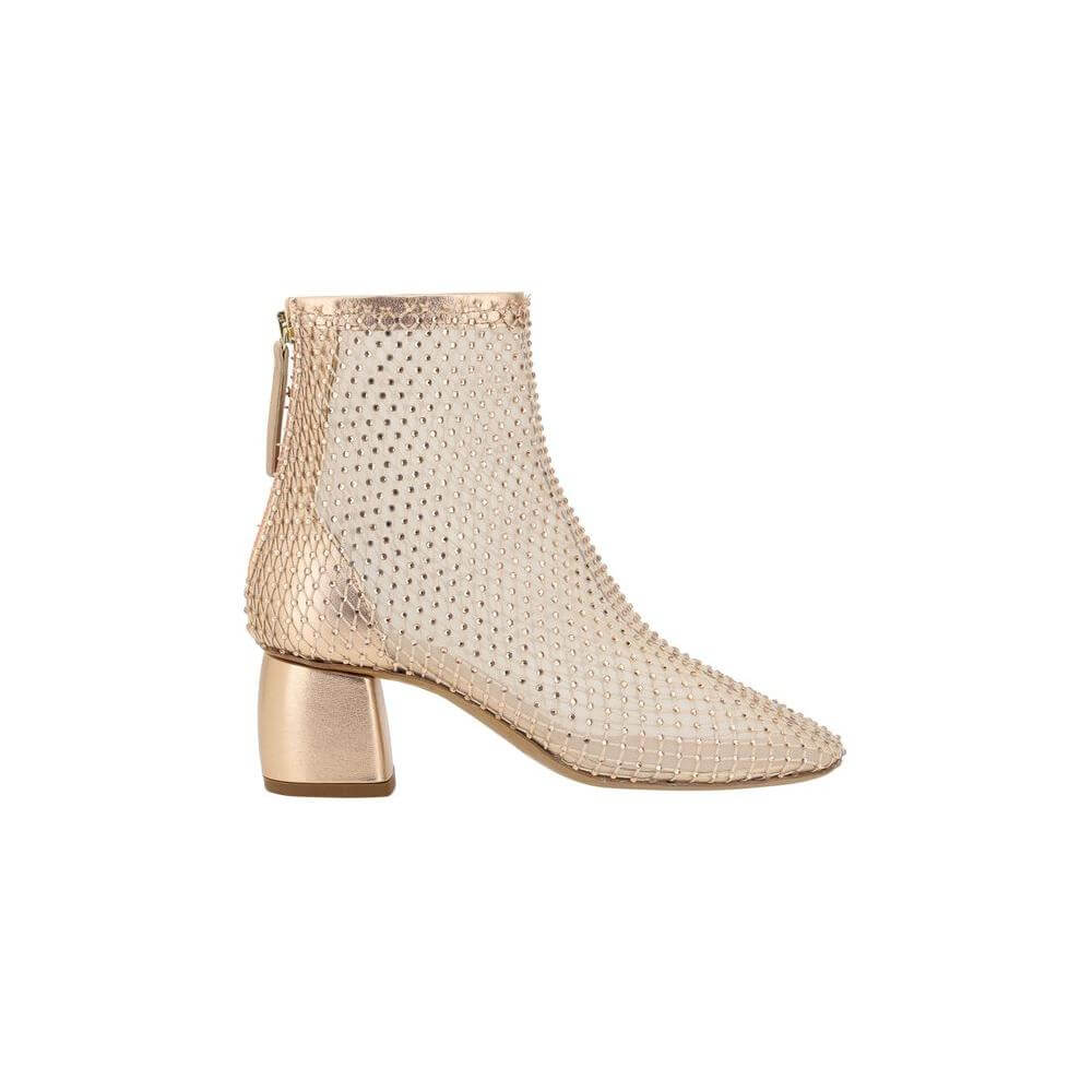 Forte_Forte Strass Mesh Ankle Boots with rhinestone embellishments, gold block heel, and back zipper closure for elegance and comfort.