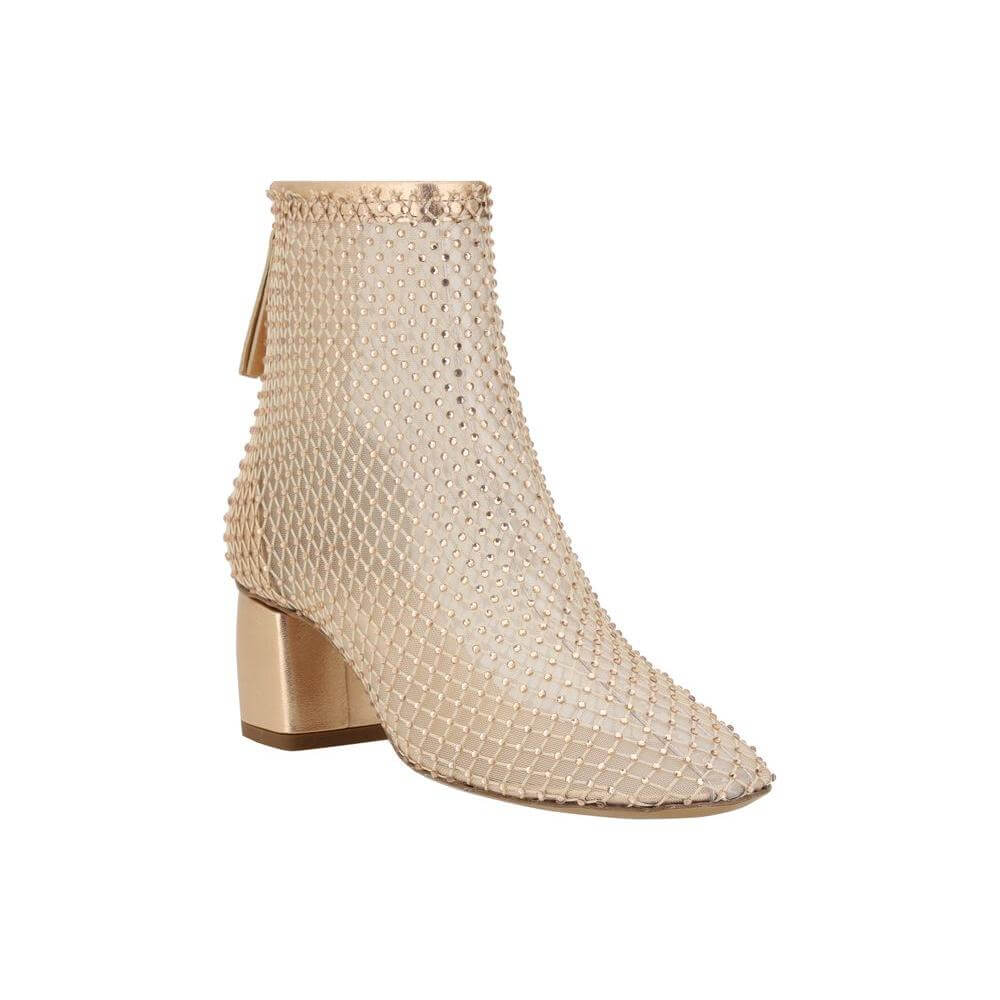 Forte_Forte Strass Mesh Ankle Boots with rhinestone detail and gold block heel, featuring back zipper and innovative mesh design.