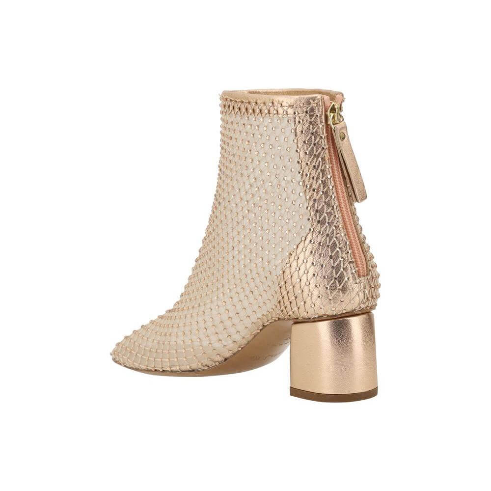 Forte_Forte Rhinestone Mesh Ankle Boots with gold block heel and back zipper, elegant design with light-catching rhinestones.