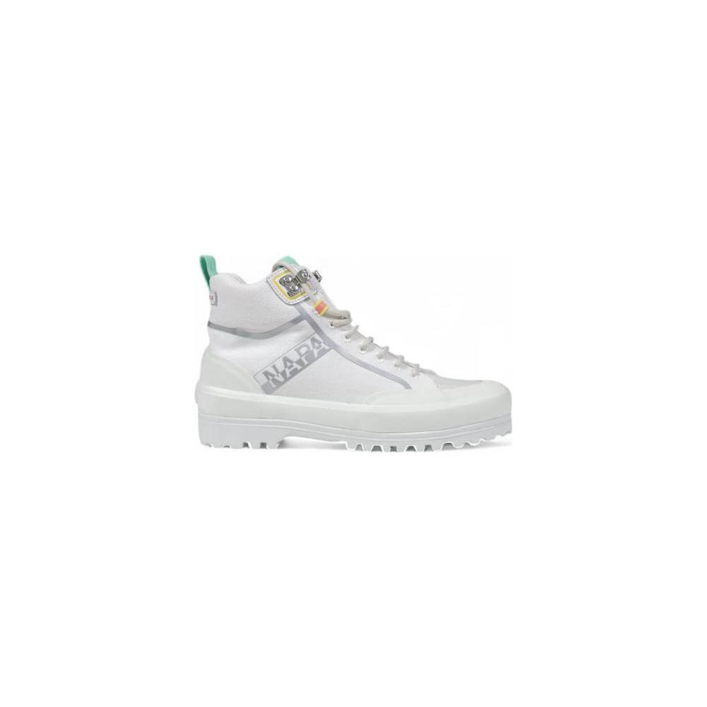 White high-top sneaker with rugged sole, featuring textile fabric and green accents, suitable for women, Autumn/Winter collection.