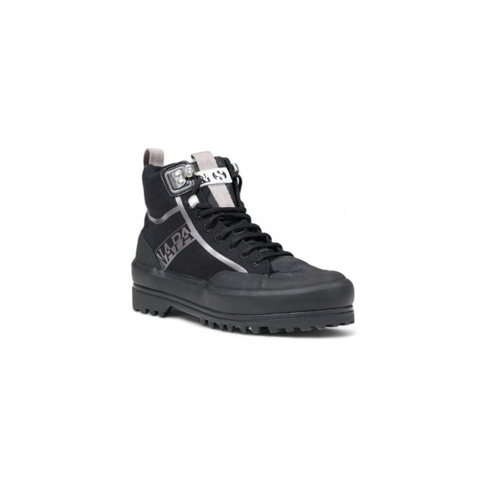Black high-top sneaker with rugged sole and silver buckle details.
