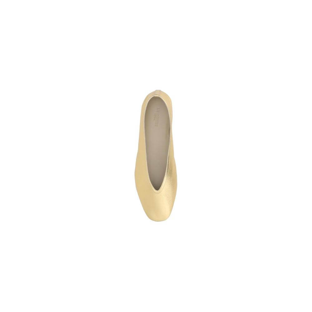 Top view of gold metallic Luna Ballerinas by Le Monde Beryl featuring flat sole and beveled toe for elegant look.