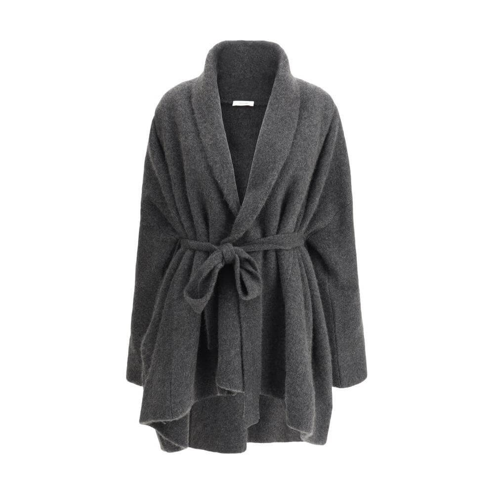The Row Ija Coat featuring shawl lapels, V-neck, and knotted sash closure in a regular fit, elegant dark fabric design.