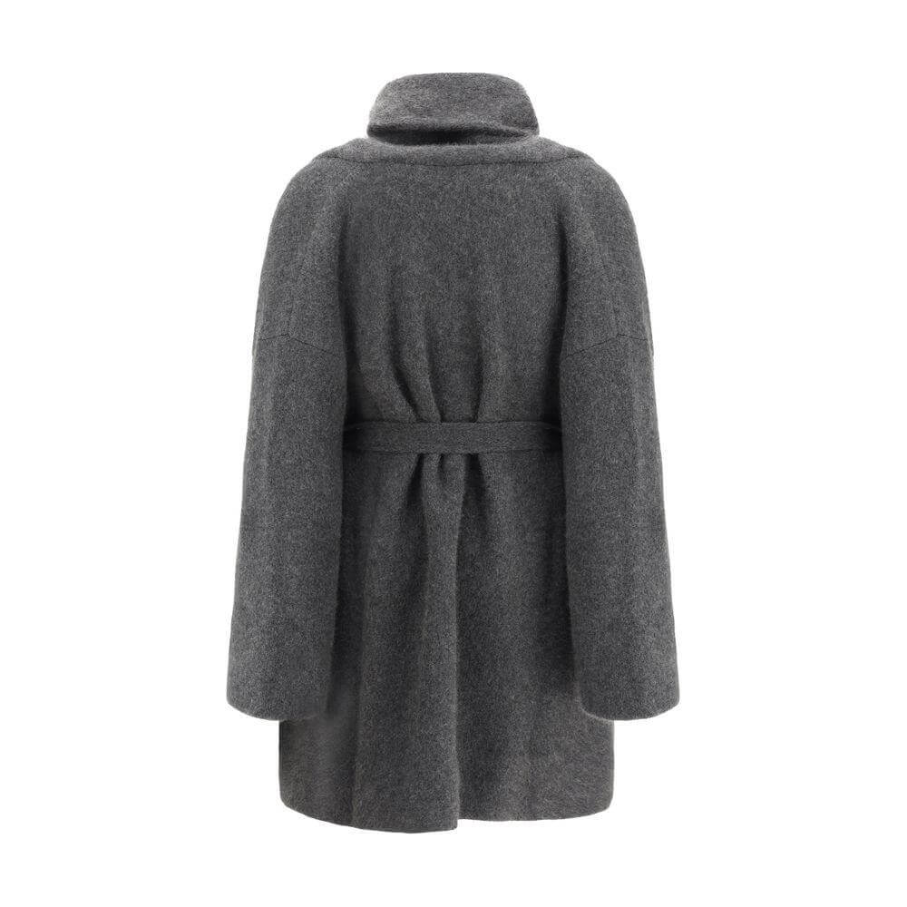 Back view of The Row Ija Coat with shawl lapels and knotted sash closure in gray.