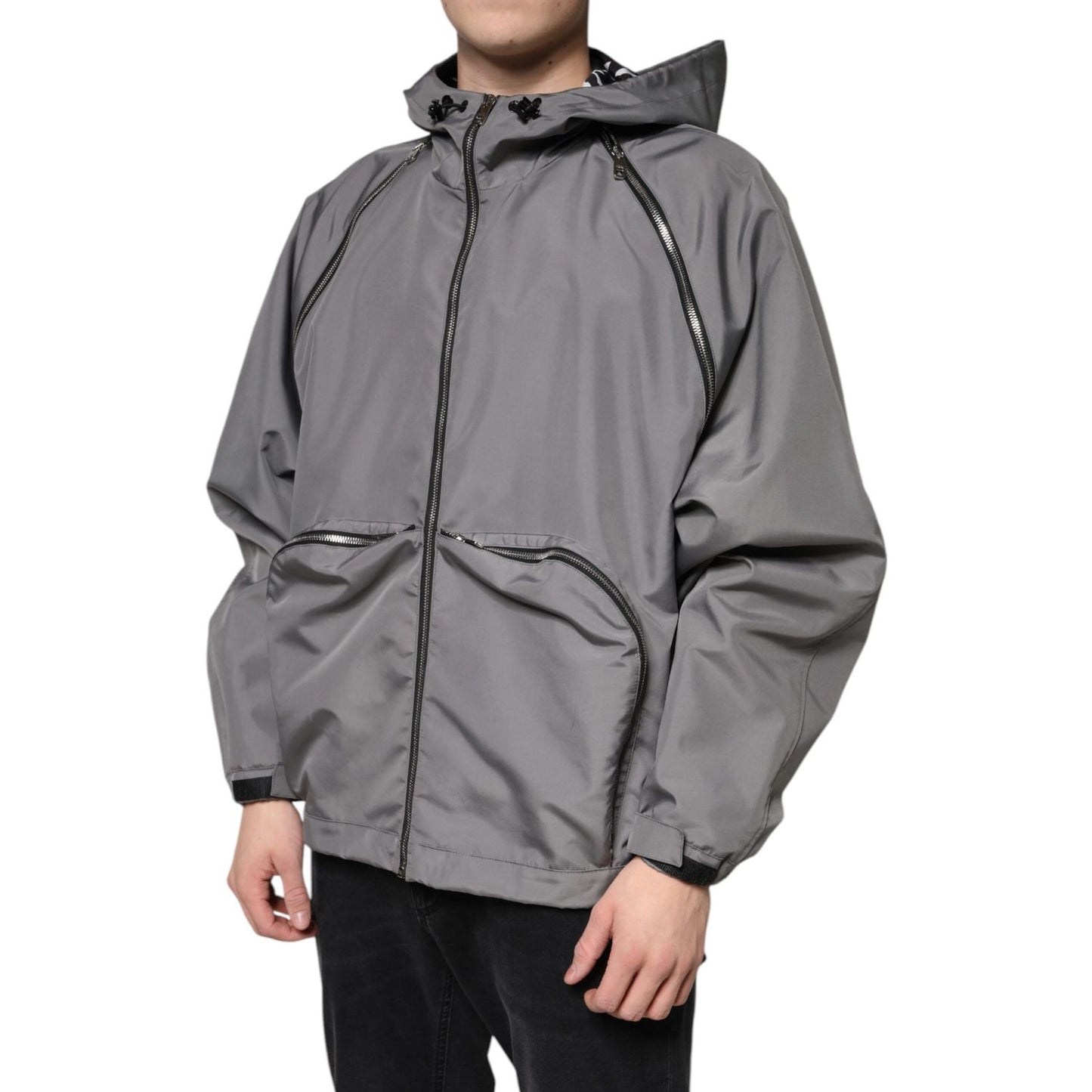 Dolce & Gabbana Gray Polyester Hooded Men Full Zip Jacket JKT3788-48