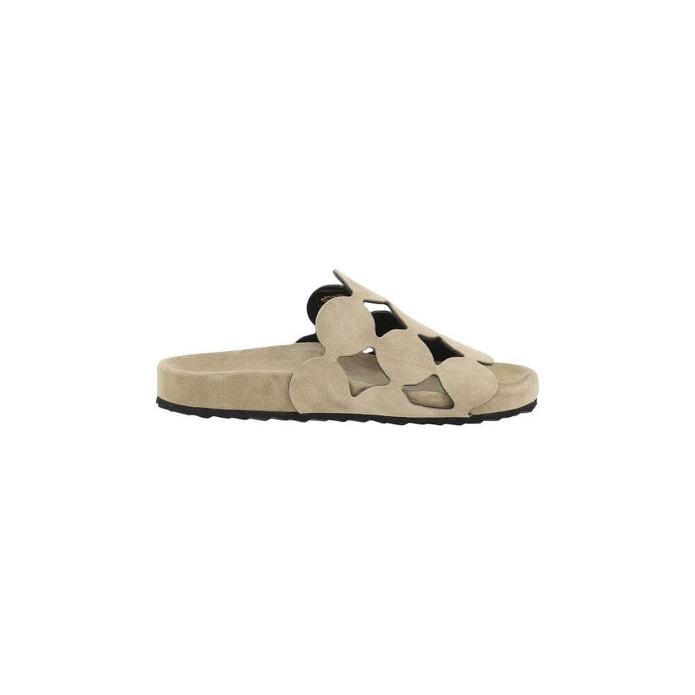Pierre Hardy Bulles Sandals in beige suede featuring round toe and playful "Bubble" pattern with wide strap for comfort and style.