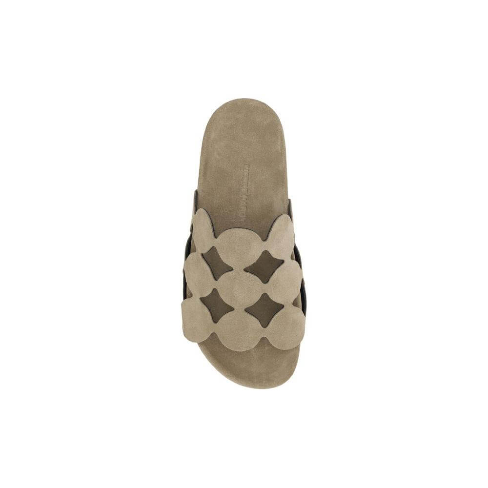 Top view of Pierre Hardy Bulles Sandals in suede with round toe and wide strap featuring pop Bubble pattern, luxurious insole.