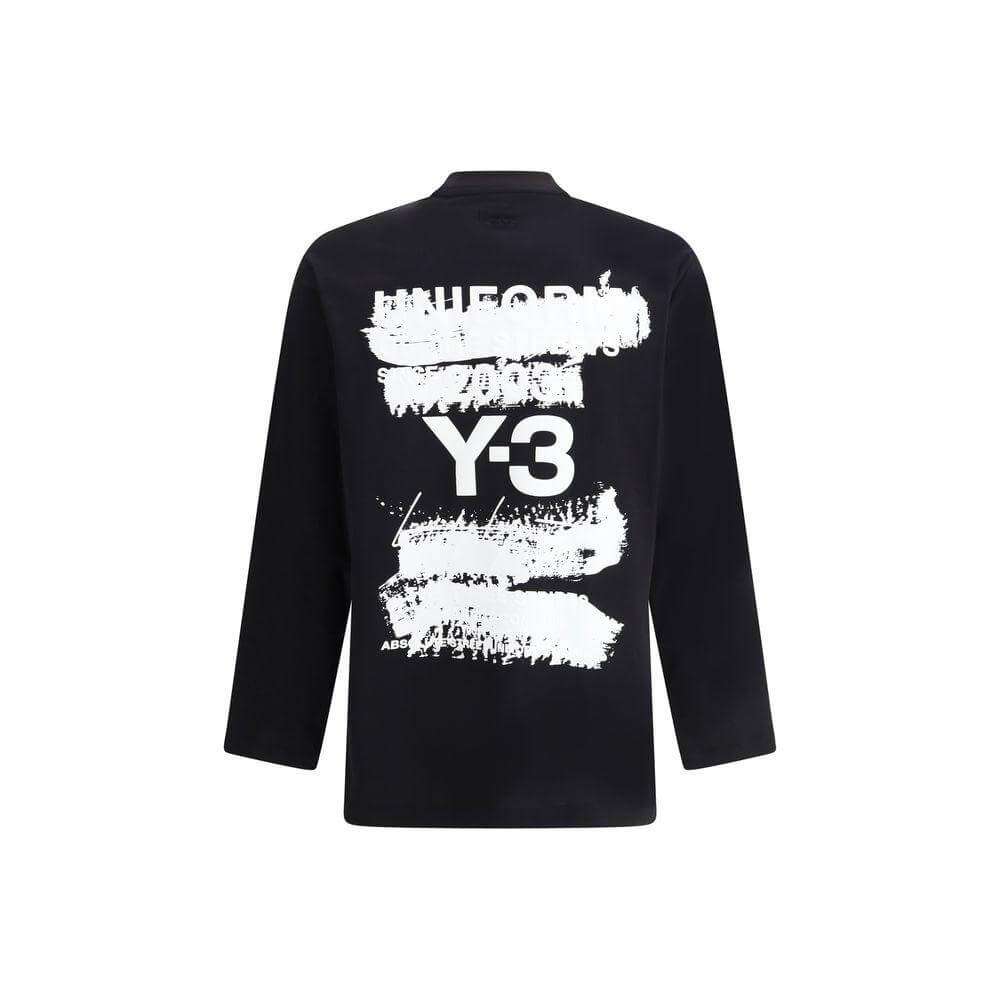 Y-3 Long Sleeve Jersey with white maxi print featuring brand monogram, ribbed crew neck, minimalist modern style on black cotton fabric