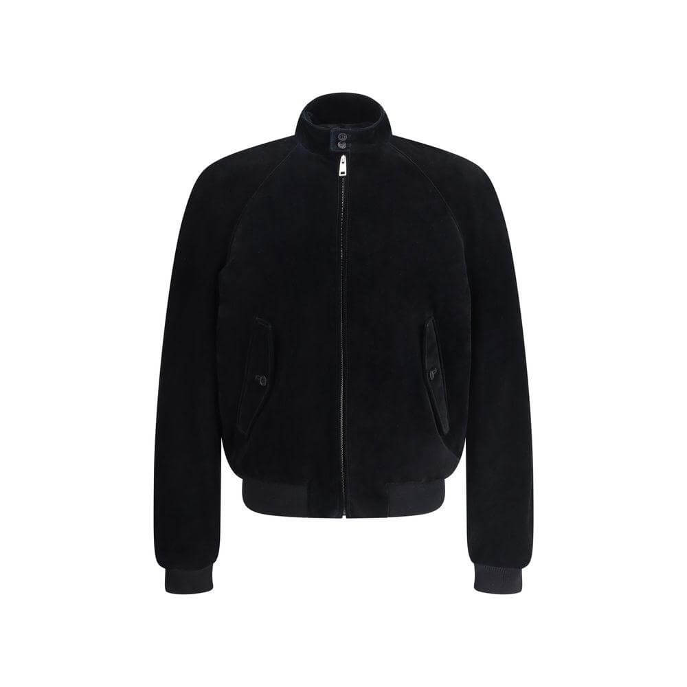 Black Prada suede bomber jacket with high collar, front zipper, ribbed hem, cuffs, and brand patch. Stylish and contemporary fashion.