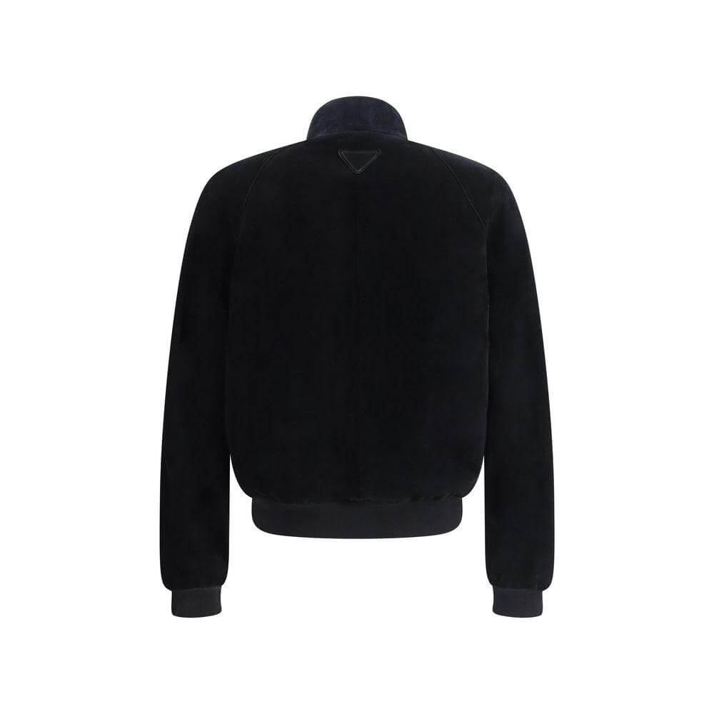 Prada suede bomber jacket with high collar and ribbed hem, featuring back triangular brand patch for a sophisticated, contemporary look.