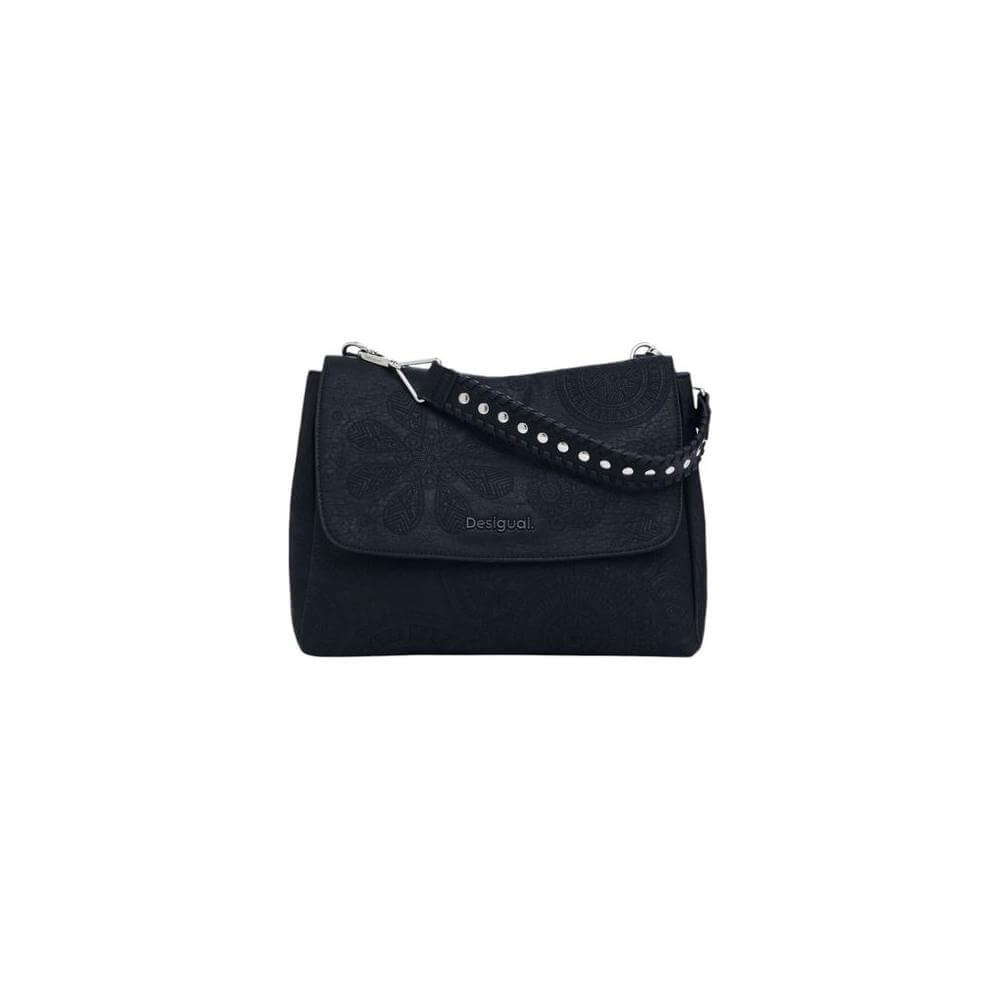 Desigual black polyethylene handbag, women's medium size, spring/summer collection, featuring 100% polyurethane composition.