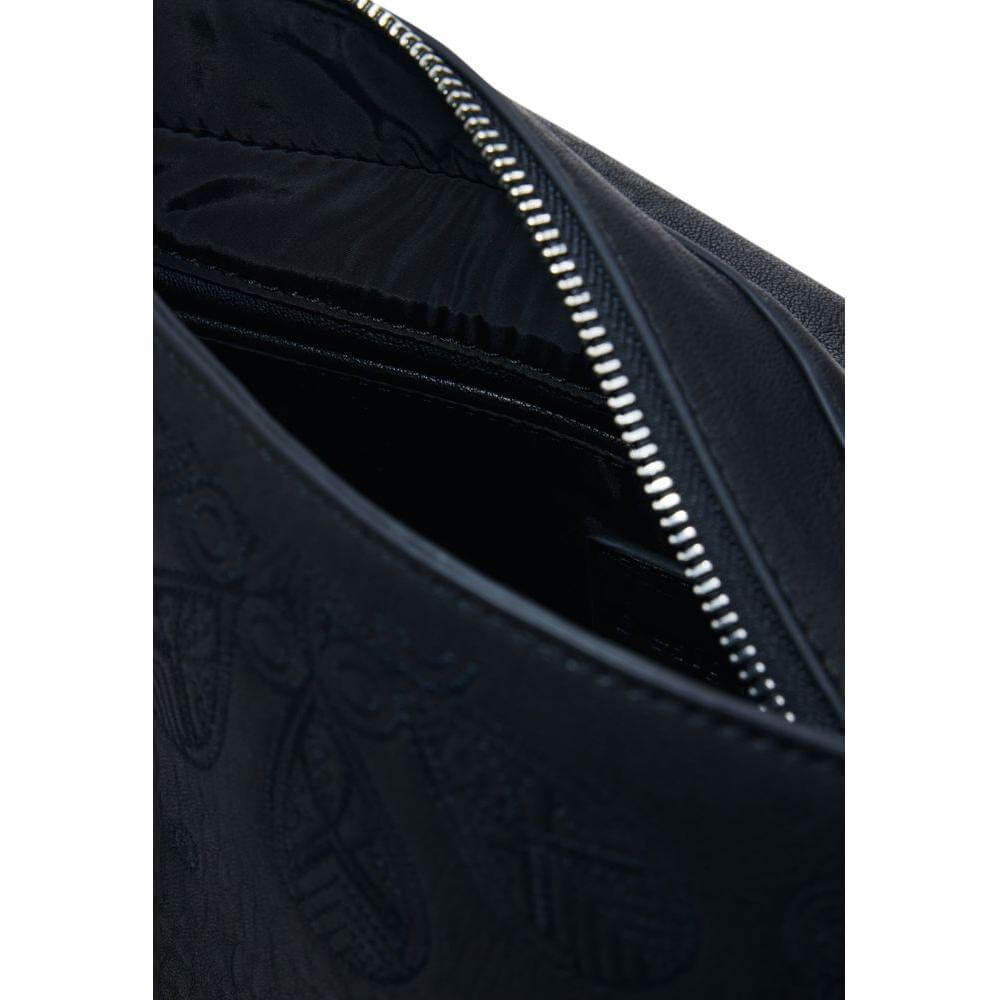 Desigual black polyethylene handbag with open zipper, showing interior fabric and detailed design. Ideal women's medium bag for spring/summer.