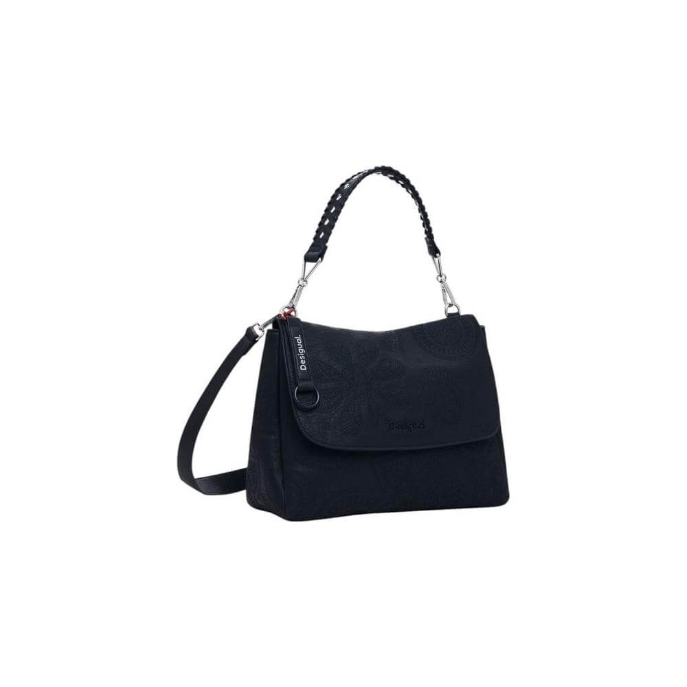 Desigual black medium handbag with floral pattern, polyurethane material, perfect for women's spring/summer collection.
