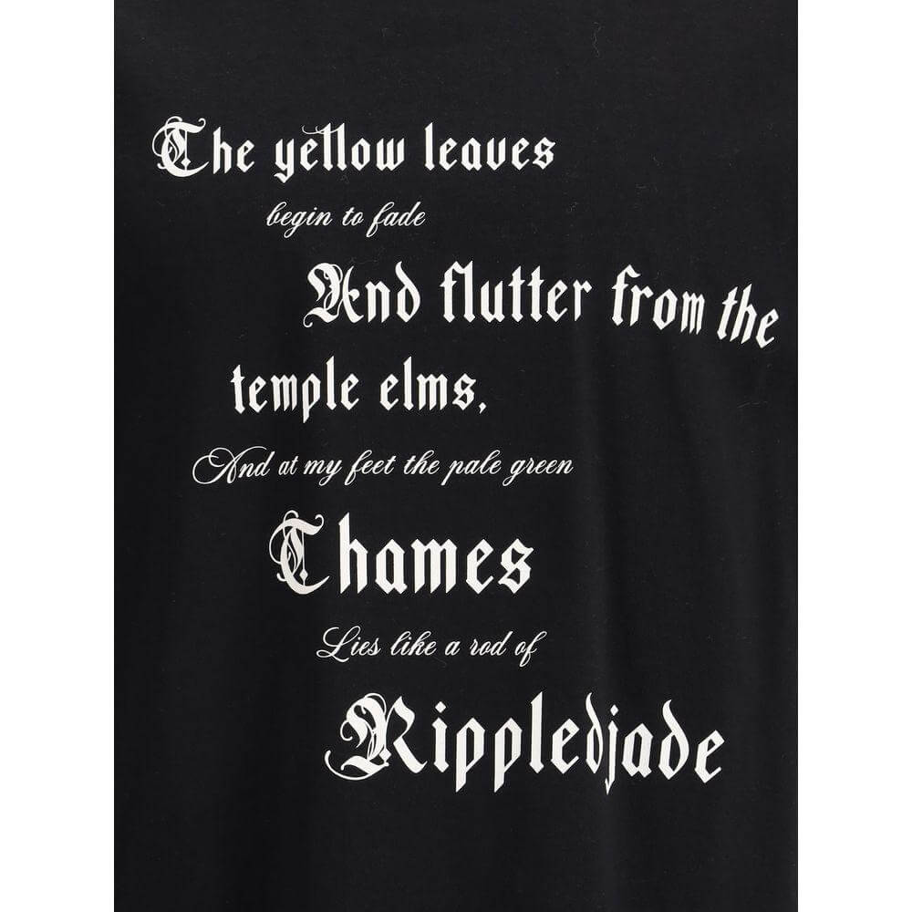 Black T-shirt with white Gothic text design, featuring a poetic print about yellow leaves and the Thames, offering a stylish visual appeal.