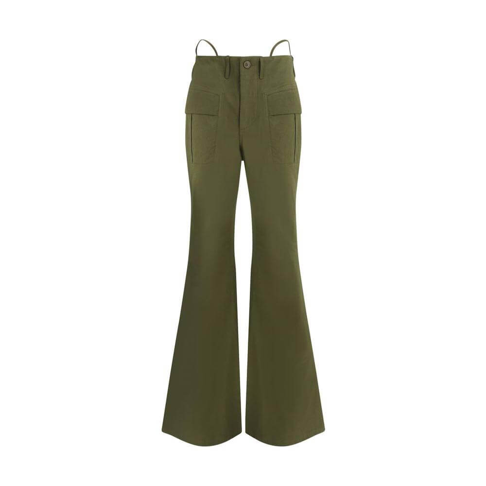 R13 green flare pants with front cargo pockets, button, and zipper closure.