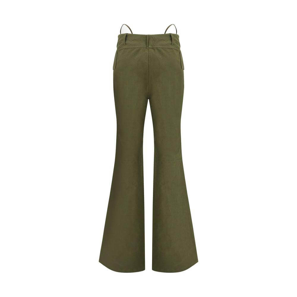 R13 Flare Pant in olive green, featuring flared design, front cargo patch pockets, button and zipper closure, and belt loops