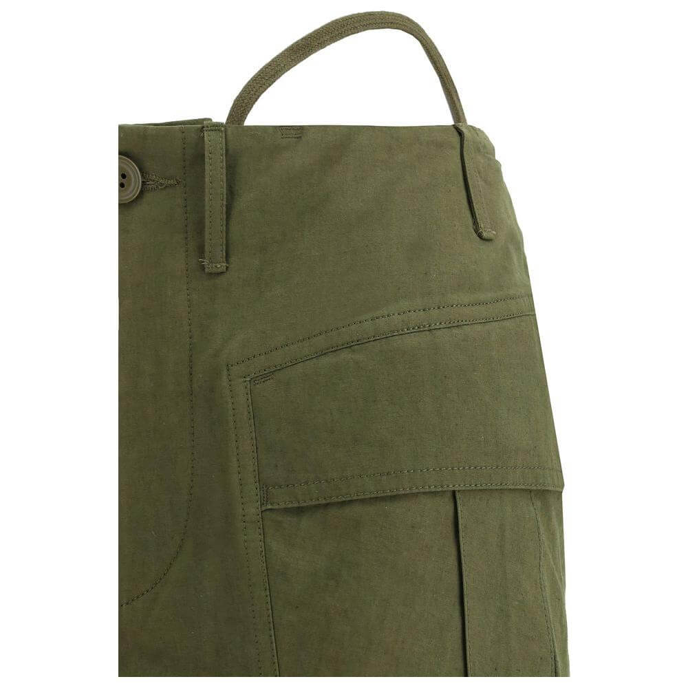 R13 flare pant detail featuring green fabric, button, zipper closure, cargo pocket, and belt loops for a casual, functional style.