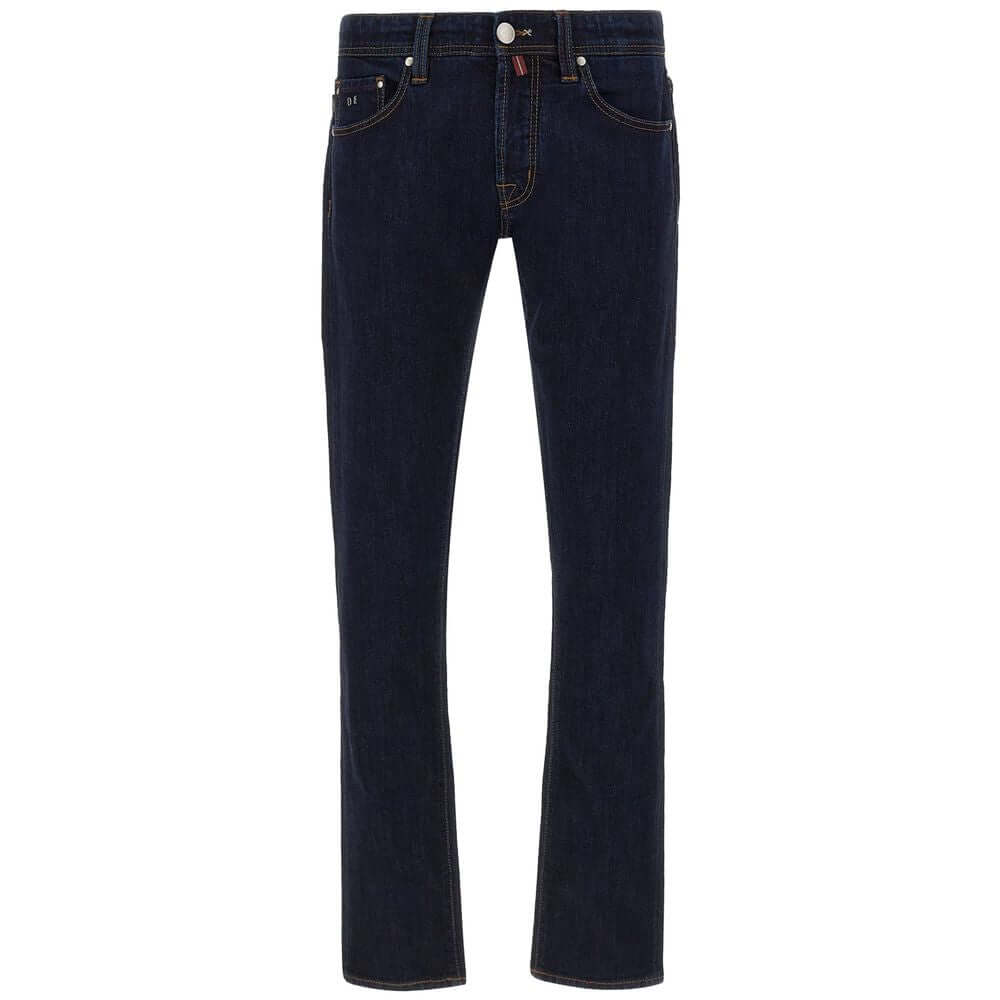 Tramarossa blue cotton jeans, regular fit, dark shade, five-pocket design, with blue suede patch and metal logo detail on the back.
