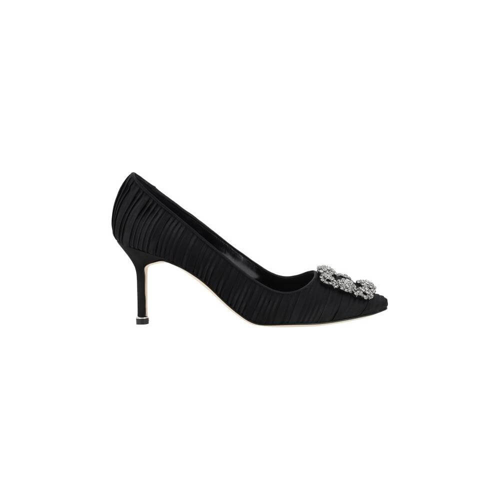 Manolo Blahnik Black Hangisi Pumps with Swarovski crystal buckle and elegant stiletto heel in silk satin.