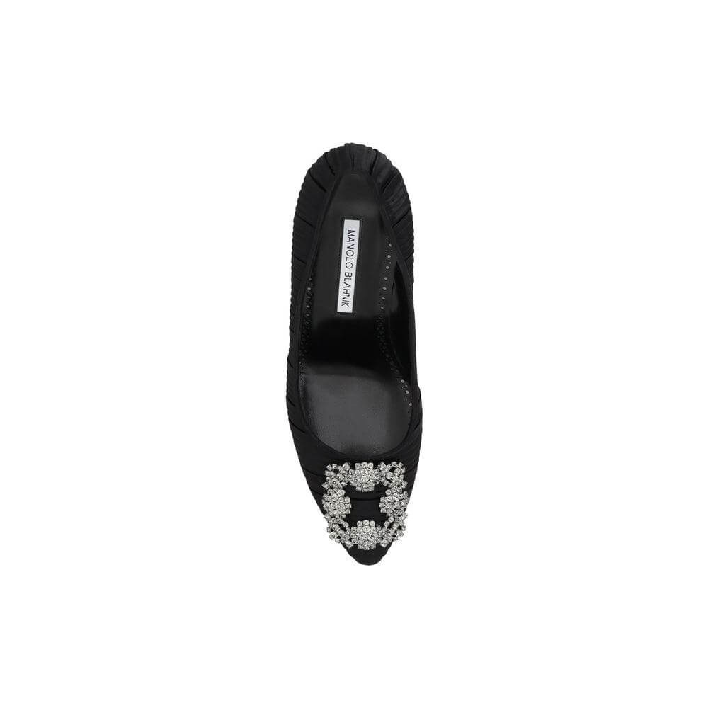 Manolo Blahnik black Hangisi Pump with crystal buckle, almond toe, silk satin, luxury stiletto heel, top view