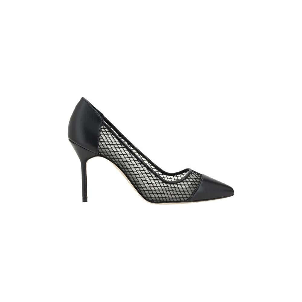 Manolo Blahnik Capcour Pumps in black lambskin leather with mesh details and stilettos, elegant and modern women's footwear.