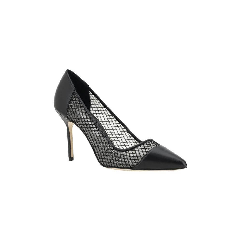Manolo Blahnik Capcour black leather pump with mesh detail, almond toe, and stiletto heel showcasing elegance and modernity.