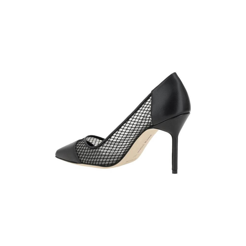 Manolo Blahnik Capcour Pumps in black lambskin leather with elegant mesh details and almond toe on a stiletto heel.