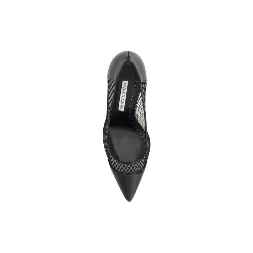 Manolo Blahnik Capcour Pump in black lambskin leather with mesh details and almond toe, top view.