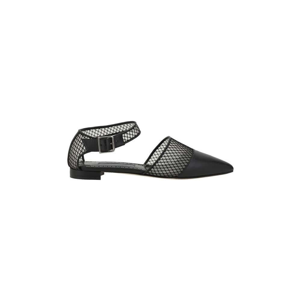 Manolo Blahnik Jatelahflat Ballerinas in black lambskin leather with mesh details, almond toe, and adjustable ankle strap.
