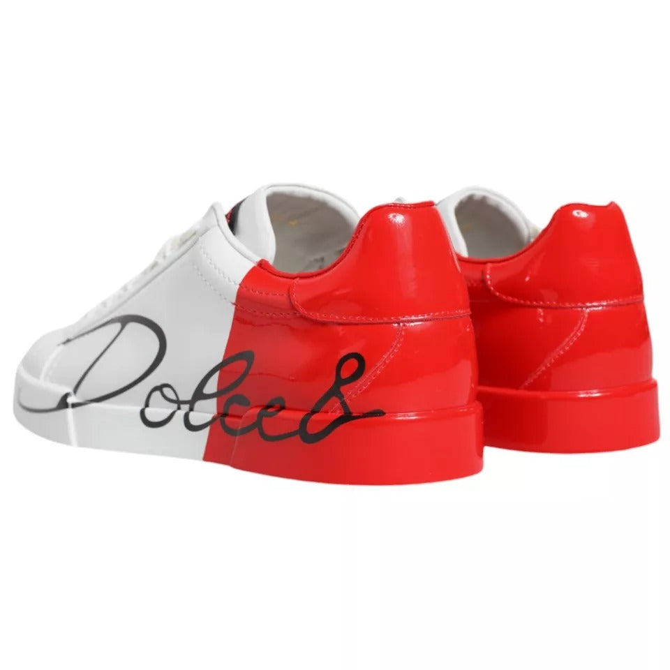 Dolce & Gabbana Portofino sneakers in white and red calf leather, featuring rubber sole and logo detailing. Note small rip on left shoe.
