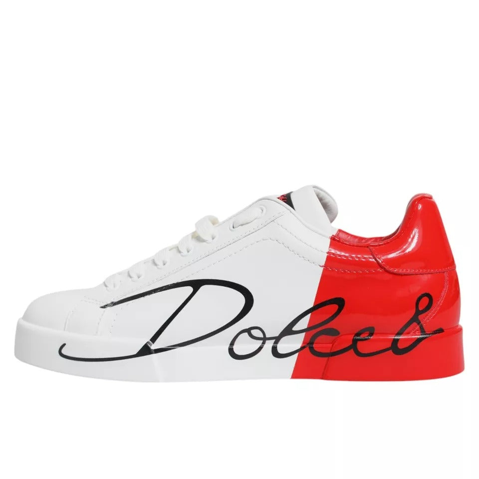 Dolce & Gabbana White Red Portofino Low Top Sneakers with logo and lace-up closure made from calf leather, showing small rip on back left shoe.