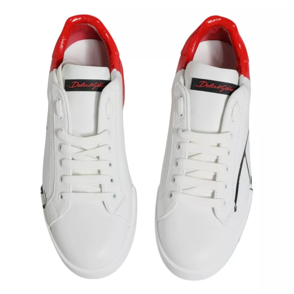 Dolce & Gabbana White Red Portofino Low Top Sneakers, Calf Leather, Rubber Sole, Lace-Up, Logo Details, Small Defect on Left Shoe