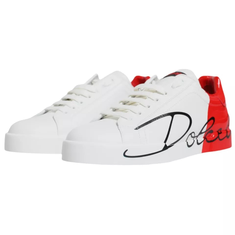 Dolce & Gabbana White Red Portofino sneakers, calf leather, rubber sole, logo details, low top shoes, lace-up, slight defect on left shoe.