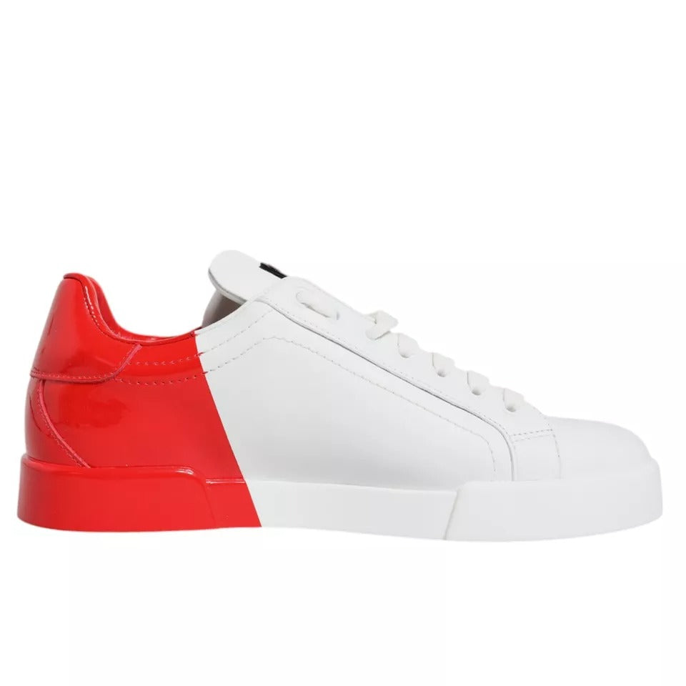 Dolce & Gabbana Portofino White Red Low Top Sneakers, Calf Leather with Rubber Sole, Lace Up, Logo Details, Made in Italy