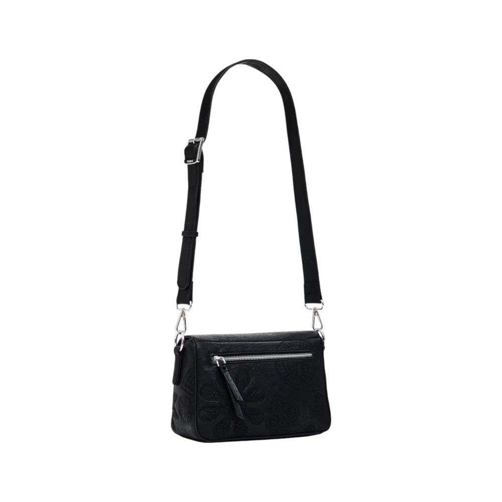 Desigual black handbag with adjustable strap, made from 100% polyurethane, ideal for women's spring/summer collection.
