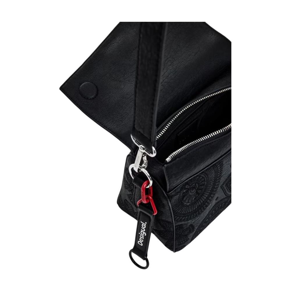 Desigual black handbag for women, spring/summer collection, made of 100% polyurethane, featuring stylish design and practical zipper closure.