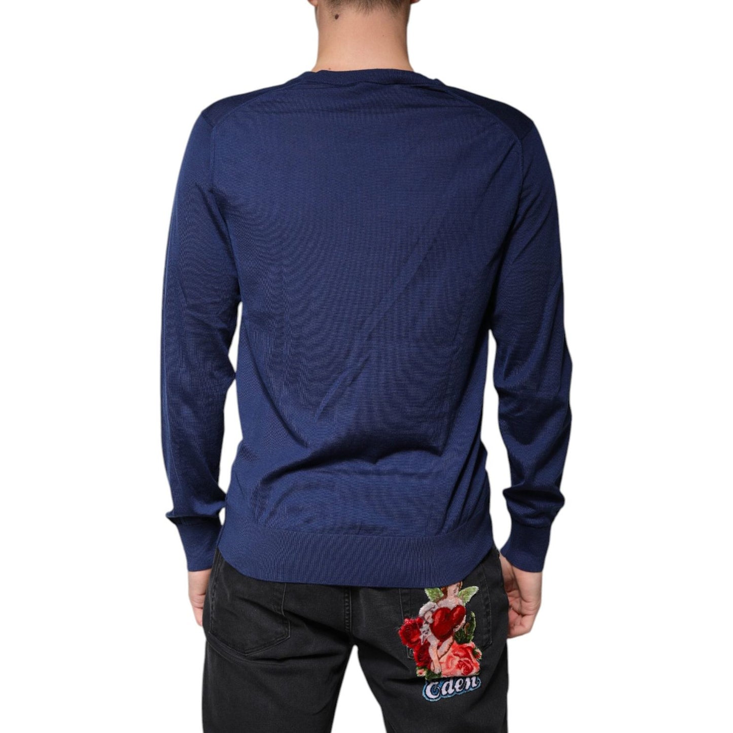 Dolce & Gabbana Navy Blue Cashmere V-neck Pullover Sweater TSH87485-48