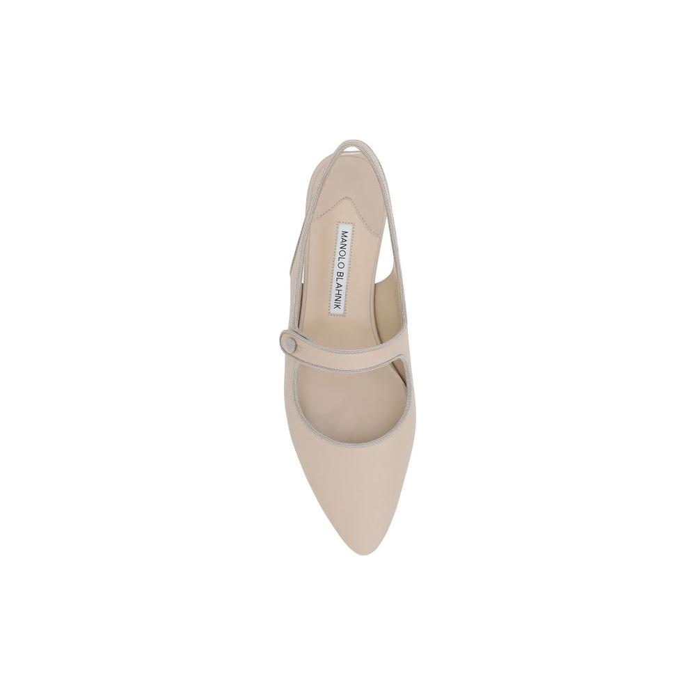Manolo Blahnik Campariflatsli leather ballerina with elongated toe, front button closure, and contrasting insole.