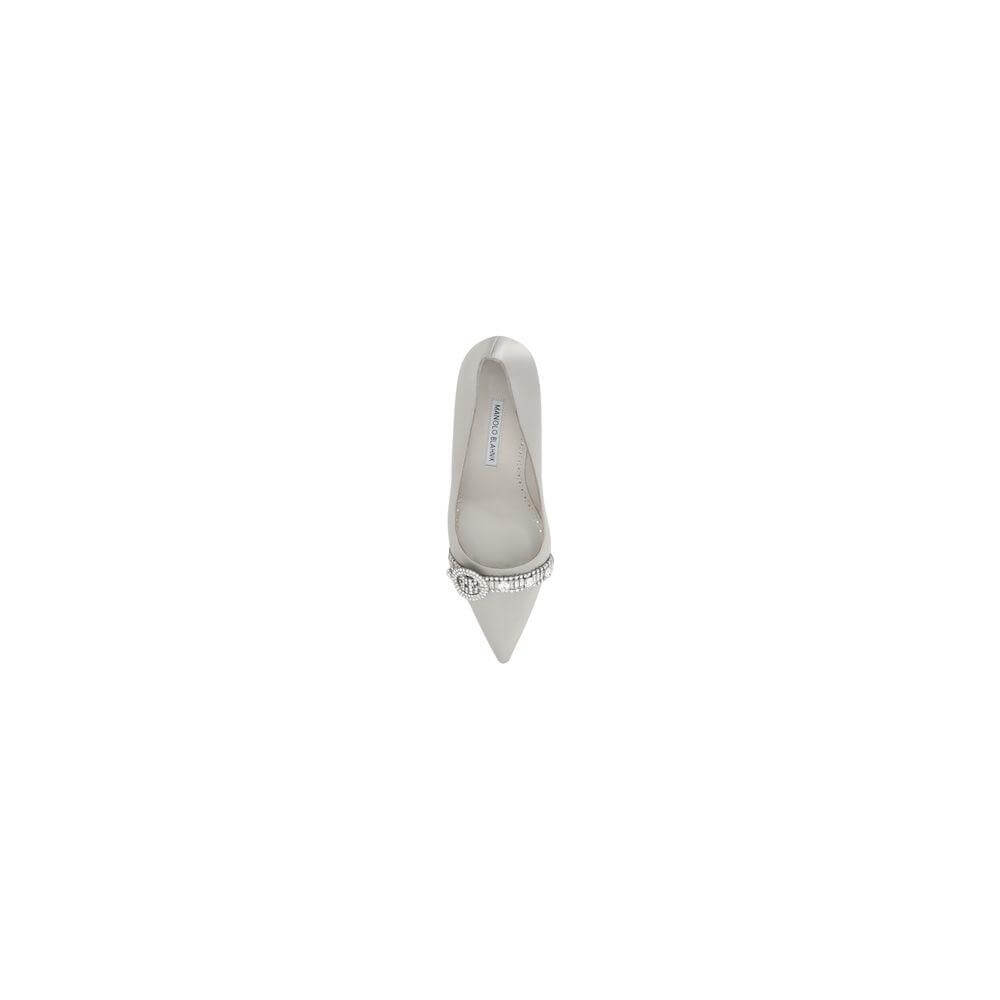 Top view of Manolo Blahnik Asapump Satin Pumps featuring almond toe and rhinestone buckle for elegant, sophisticated look.
