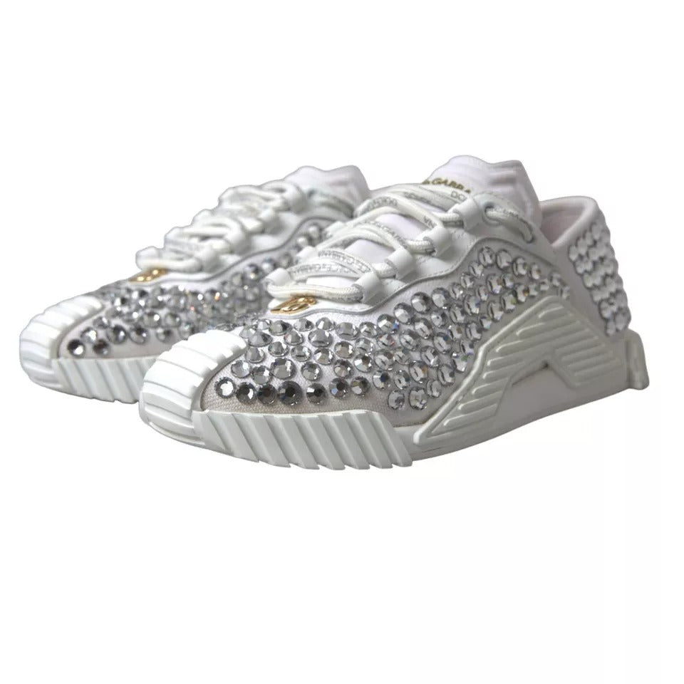 Dolce & Gabbana White NS1 Canvas Leather Embellished Sneakers Shoes LA10412-36