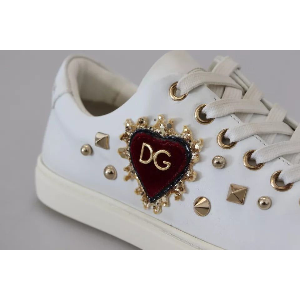 Dolce & Gabbana White Leather Gold Red Heart Sneakers Shoes LA10012-35